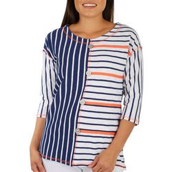 Onque Casual Womens Striped Button Accent Top