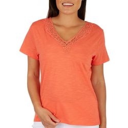 Onque Casual Womens Lace V-Neck Short Sleeve Top