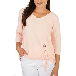 Womens Textured Side Ruched 3/4 Sleeve Top