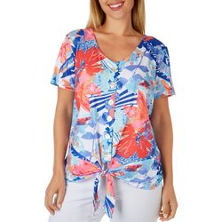 Coral Bay Womens Floral Button Tie Front Short Sleeve Top
