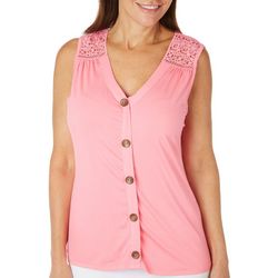 Coral Bay Womens Solid Button Front Lace Sleeveless Top