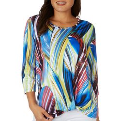 Womens Rainbow Brushed Front Twist Round Neck 3/4 Sleeve Top