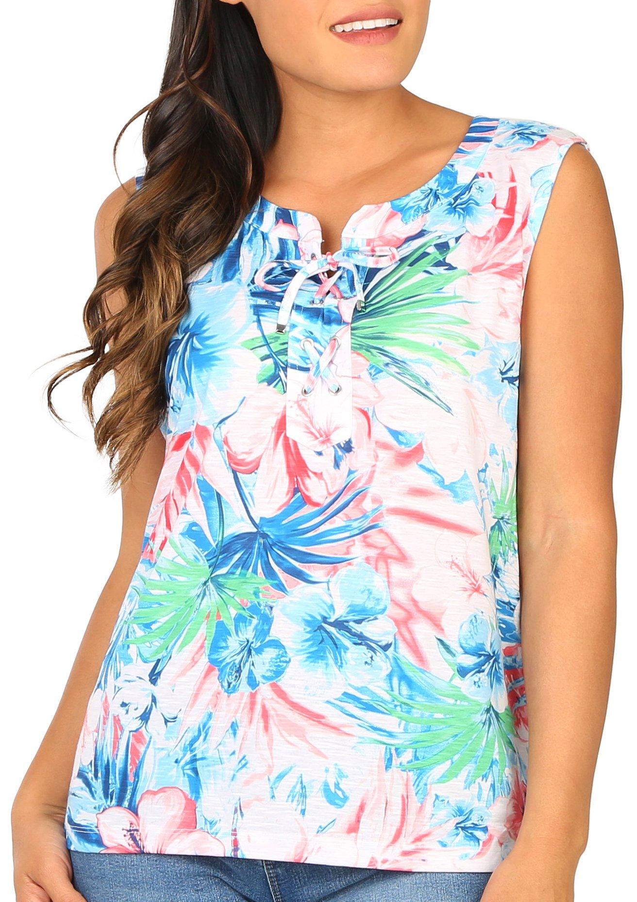 Coral Bay Womens Floral Lace-Up Placket Sleeveless Top