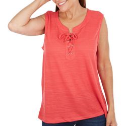 Coral Bay Womens Solid Lace-Up Placket Sleeveless Top