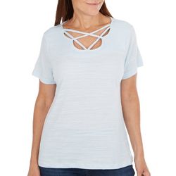 Coral Bay Womens Solid Lattice Neck Short Sleeve Top