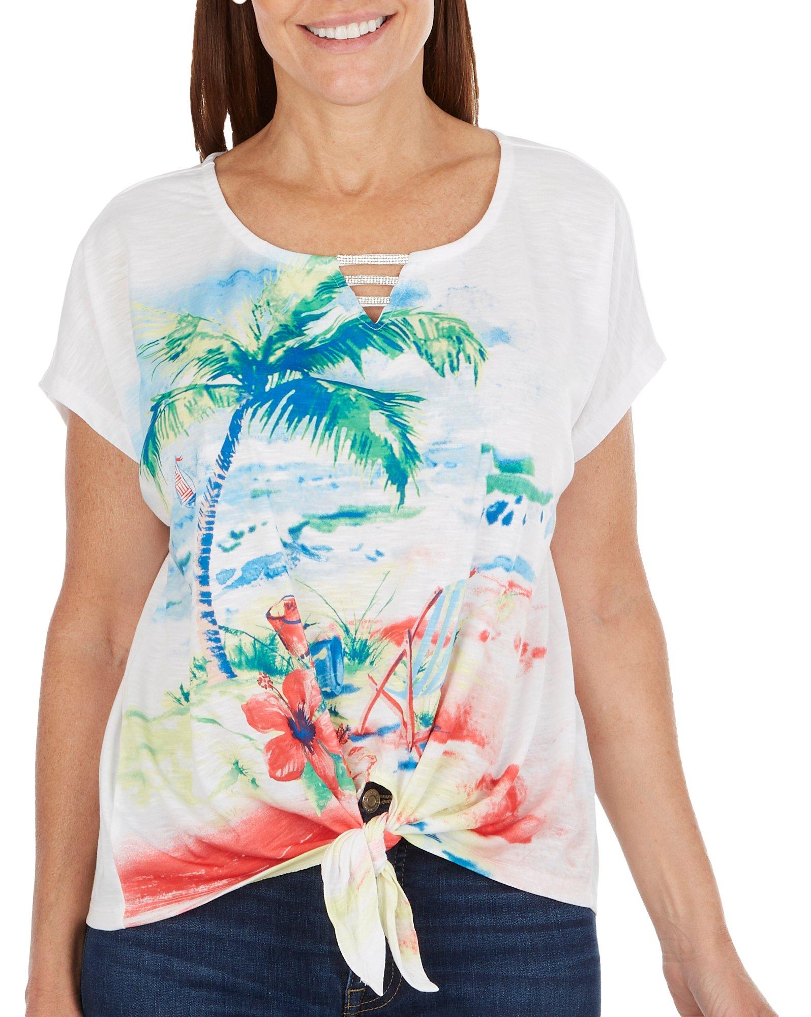 Coral Bay Womens Palm Tie Dye Tie Front Short Sleeve Top