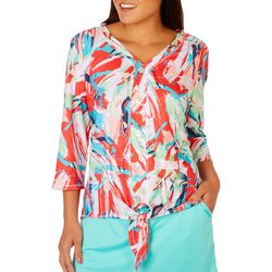 Coral Bay Womens Faux Buttton Tie Front 3/4 Sleeve Top