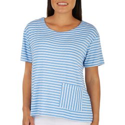 Onque Casual Womens Striped Side Pocket Short Sleeve Top
