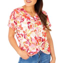 Thomas & Olivia Womens Floral Twist Front Short Sleeve Top