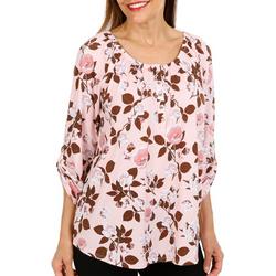 Womens Rose Round Neck Button Front 3/4 Sleeve Top