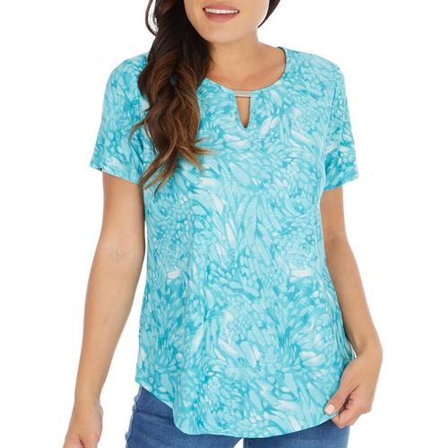 Womens Embroidered Print Keyhole Short Sleeve Top