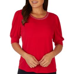 Womens Embellished Round Neck Puffy Short Sleeve Top