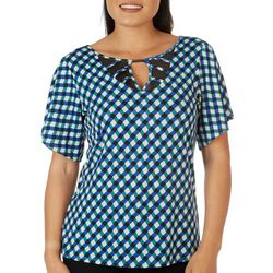 NY Collection Womens Mesh Keyhole Short Sleeve Top
