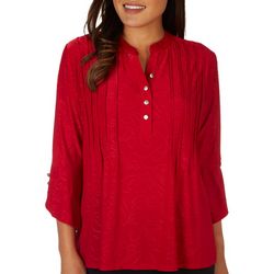 Womens Solid Split Neck Henley Pleated Bell Long Sleeve Top