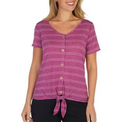NY Collection Womens Button Tie Front Short Sleeve Top