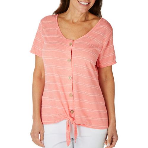 NY Collection Womens Button Tie Front Short Sleeve
