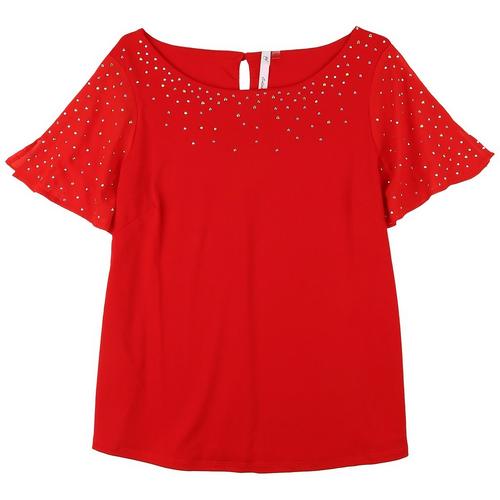 NY Collection Womens Embellished Short Flutter Sleeve Top