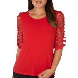 Womens Solid Round Neck Mesh Puff Short Sleeve Top