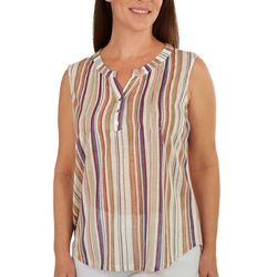 NY Collection Womens Striped Print 3 Button Sleeveless Top