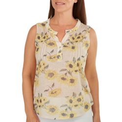 NY Collection Womens Sunflower Print 3 Button Sleeveless Top