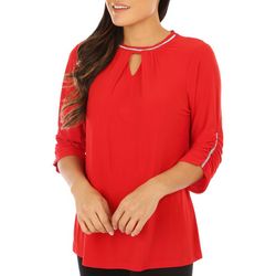 NY Collection Womens 3/4 Sleeve Ringed Top with Stone Detail