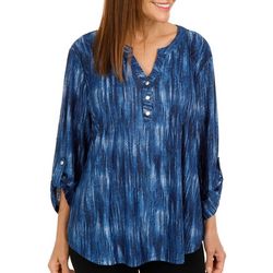NY Collection Womens Striped Henley Roll Tab 3/4 Sleeve Top