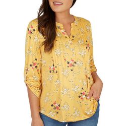 Womens Floral Pleated Line 3/4 Sleeve Top
