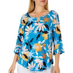 NY Collection Womens Floral Print Ruffle Key Hole Top
