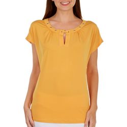 Notations Womens Solid Crystal Short Sleeve Top