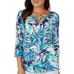 Womens Painted Frond Crisscross V Neck 3/4 Sleeve Top