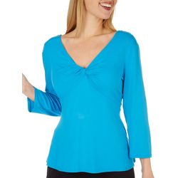 HARPER 241 Womens Solid Knot V-Neck 3/4 Sleeve Top