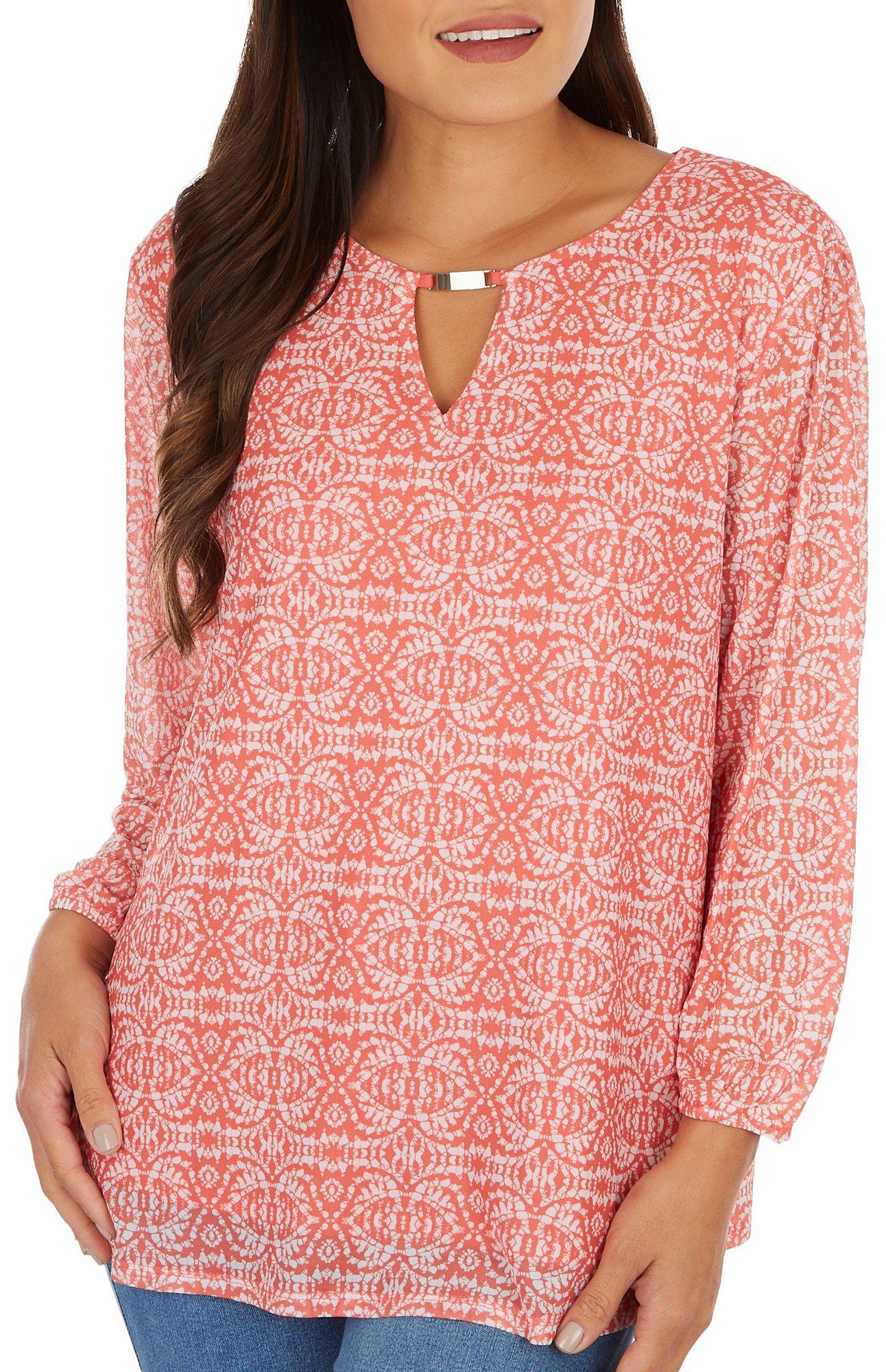 Juniper + Lime Womens Print Mesh Keyhole 3/4 Sleeve Top