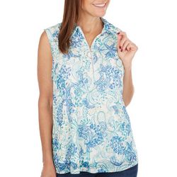 Womens Floral Paisley 1/4 Zip Sleeveless Polo Top