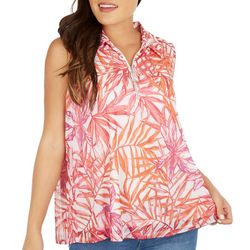 Womens Tropical Frond 1/4 Zip Sleeveless Polo Top