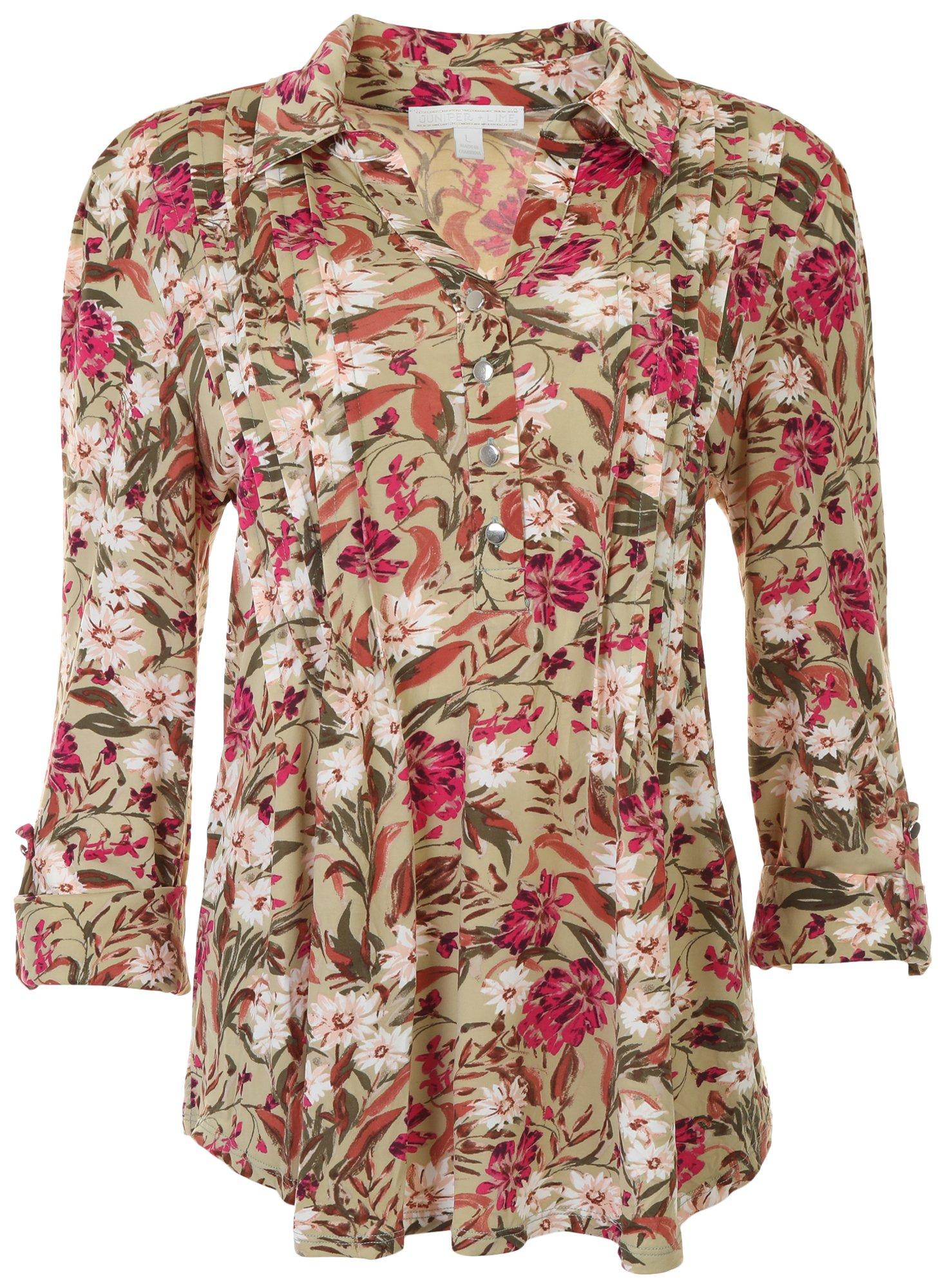 Juniper + Lime Womens Floral Pleated 3/4  Roll Sleeve Top