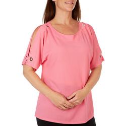 Coral Bay Womens Solid Waffle Knit Short Sleeve Grommet Top