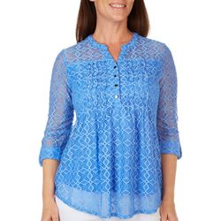Cocomo Womens Solid Lace Henley 3/4 Sleeve Top