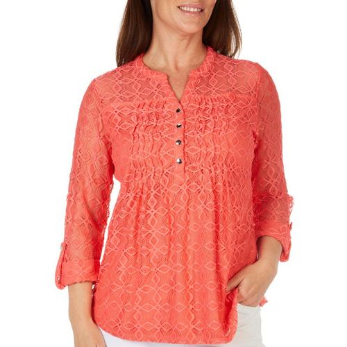Cocomo Womens Solid Lace Henley 3/4 Sleeve Top
