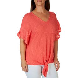 Coral Bay Womens Solid Mesh Tie Front Flutter Sleeve Top