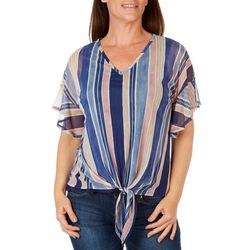 Cocomo Womens Striped Mesh Tie Front Flutter Sleeve Top