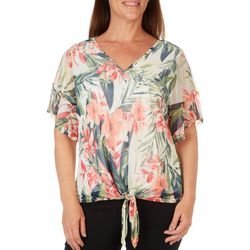 Coral Bay Womens Floral Mesh Tie Front Flutter Sleeve Top