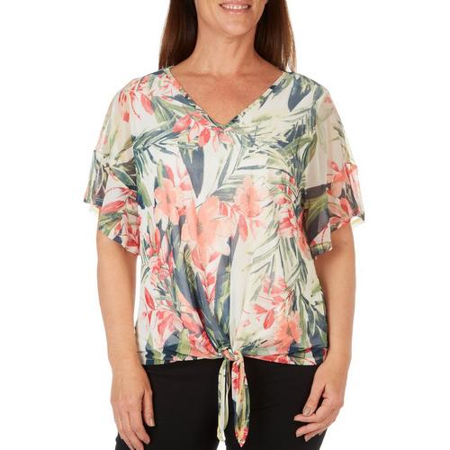 Coral Bay Womens Floral Mesh Tie Front Flutter