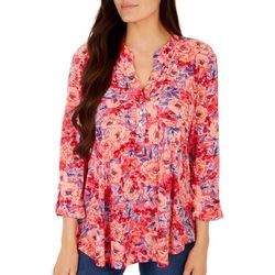 Juniper + Lime Womens Floral Pleated Pocket 3/4 Sleeve Top