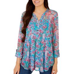Womens Print Lined Pleated Mesh Henley 3/4 Sleeve Top