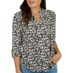 Womens Floral Print Pleated Line 3/4 Sleeve Top
