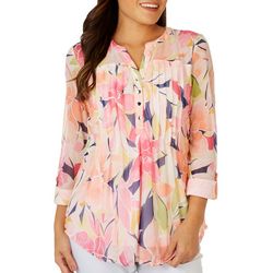 Womens Floral Pleated Mesh Henley 3/4 Sleeve Top