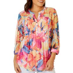Womens Floral Pattern Pleated Mesh Henley 3/4 Sleeve Top
