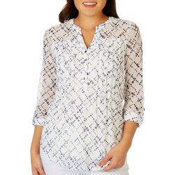 Womens Dot Pattern Pleated Mesh Henley 3/4 Sleeve Top
