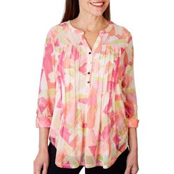 Womens Watercolor Pleated Mesh Henley 3/4 Sleeve Top