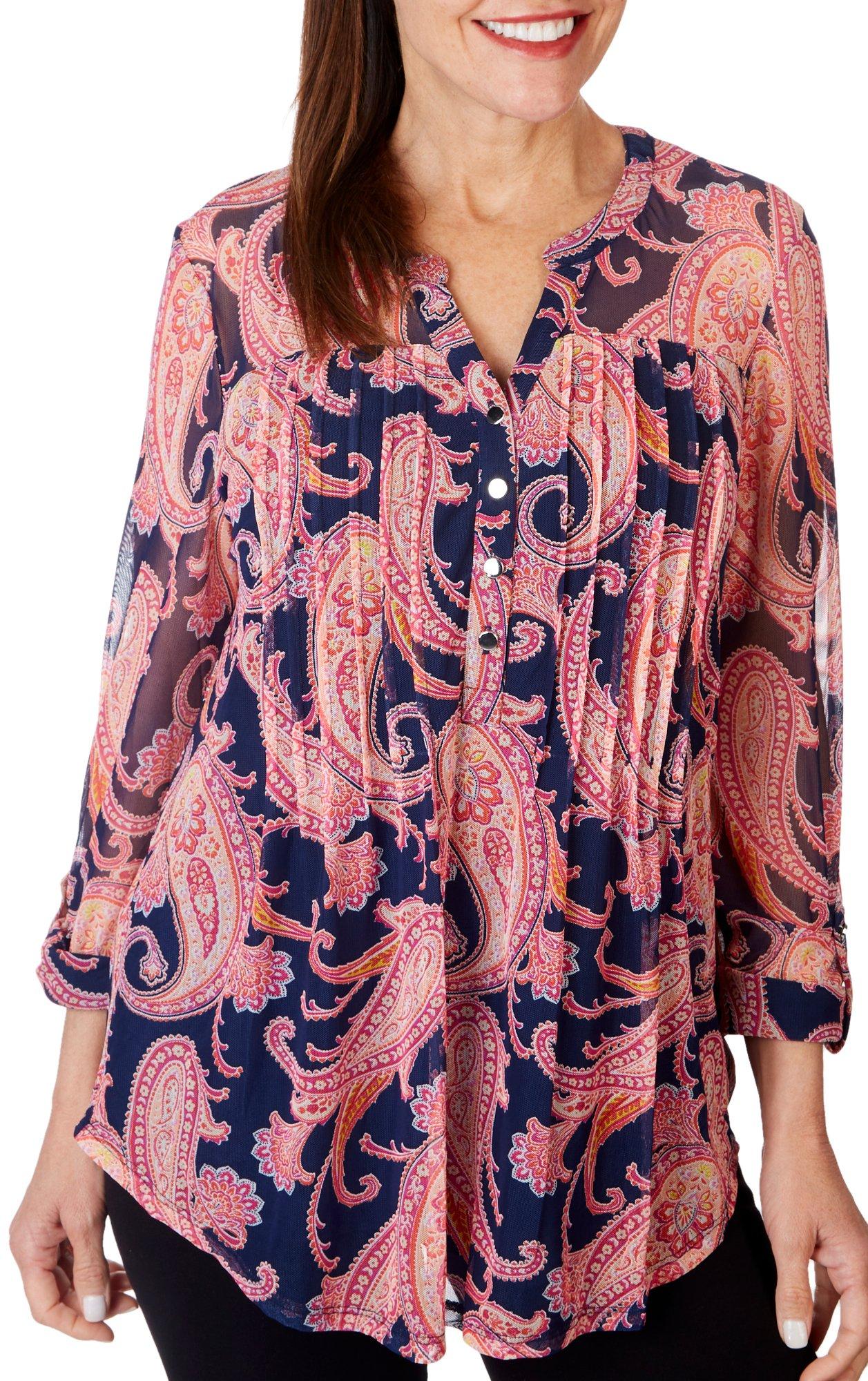 Womens Paisley Print Pleated Mesh Henley 3/4 Sleeve Top